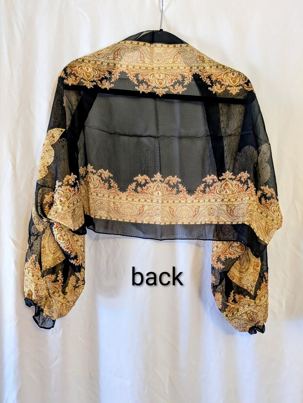 Women’s Black/Gold Sheer UV Protection Shrug Bolero W/ Elastic 3/4 Sleeve - Picture 2 of 4